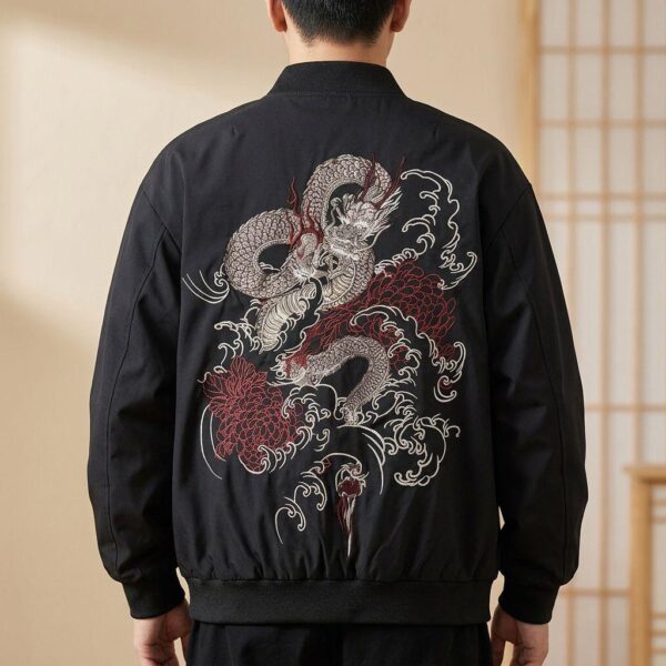 Veste bomber streetwear homme noire avec dragon brodé