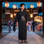 Yukata-Japonais-Long-pour-Homme-Noir-Profond-y-Rayures-Verticales-Blanches-picture-3831