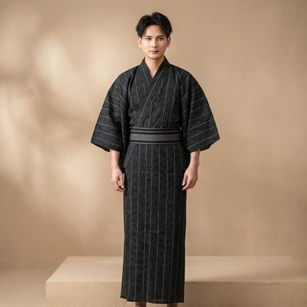 Accueil Yukata japonais long pour homme noir profond à rayures verticales blanches