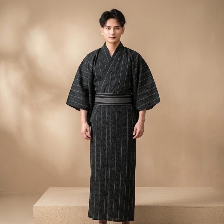 Yukata-Japonais-Long-pour-Homme-Noir-Profond-y-Rayures-Verticales-Blanches-picture-3987