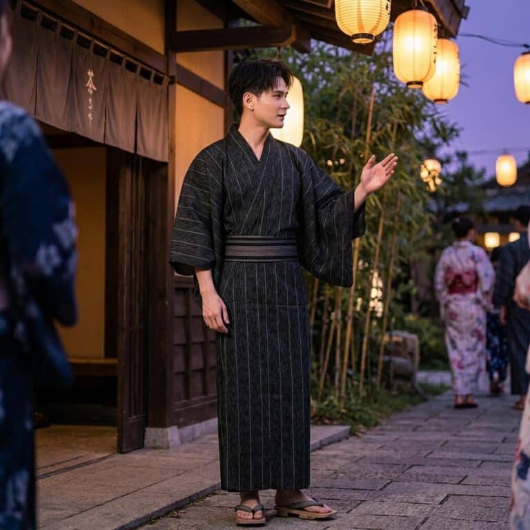 Yukata-Japonais-Long-pour-Homme-Noir-Profond-y-Rayures-Verticales-Blanches-picture-9032