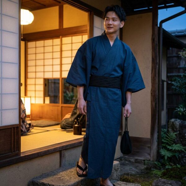 Yukata traditionnel japonais homme en coton bleu avec obi noir