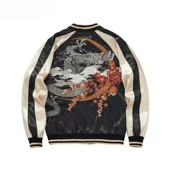Blouson teddy varsity à broderies de dragon et de fleurs de cerisier style japonais