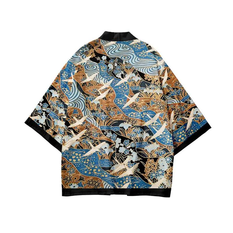 Kimono cardigan japonais streetwear à carpes koi et vagues avec son short