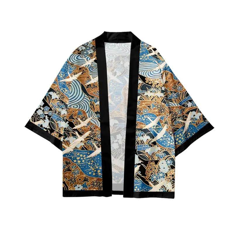 Kimono cardigan japonais streetwear à carpes koi et vagues avec son short
