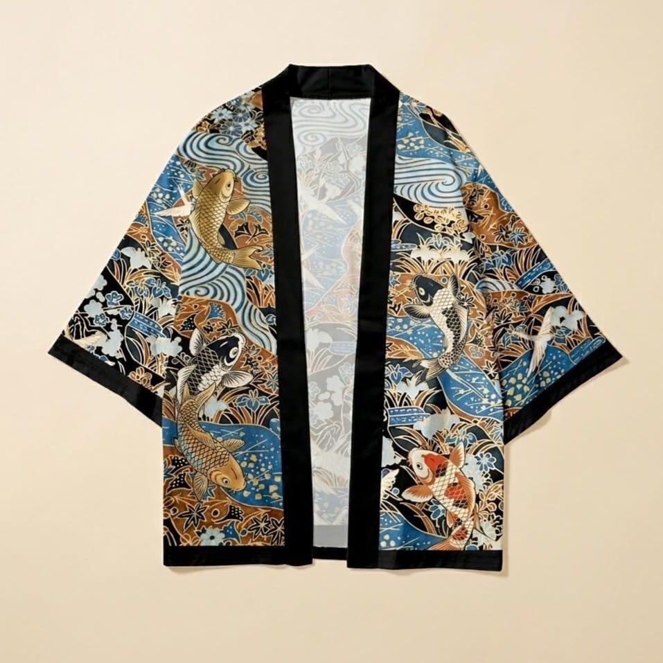 Kimono cardigan japonais streetwear à carpes koi et vagues avec son short