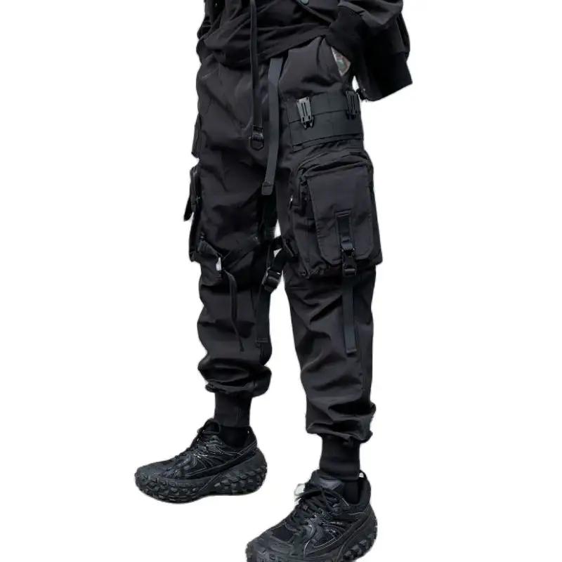 Pantalon cargo Techwear noir à multiples poches et sangles tactiques