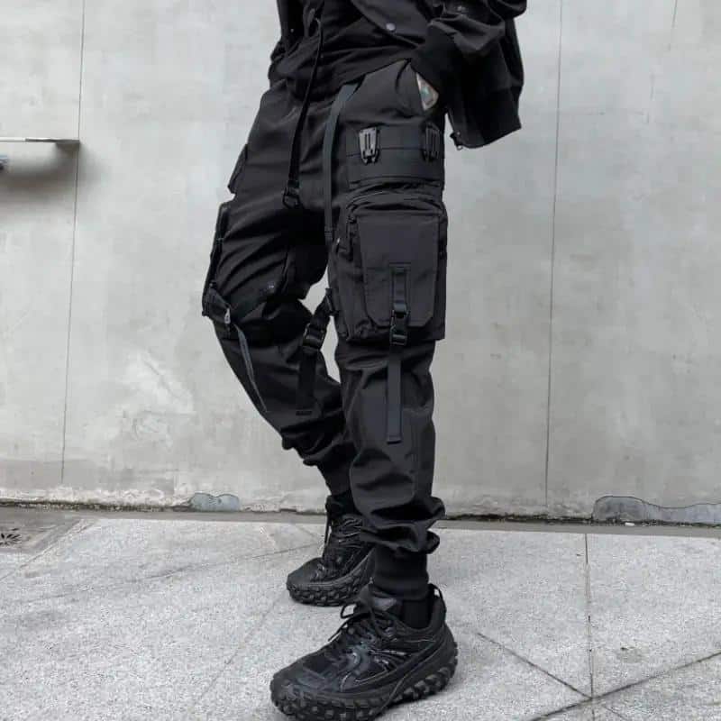 Pantalon cargo Techwear noir à multiples poches et sangles tactiques