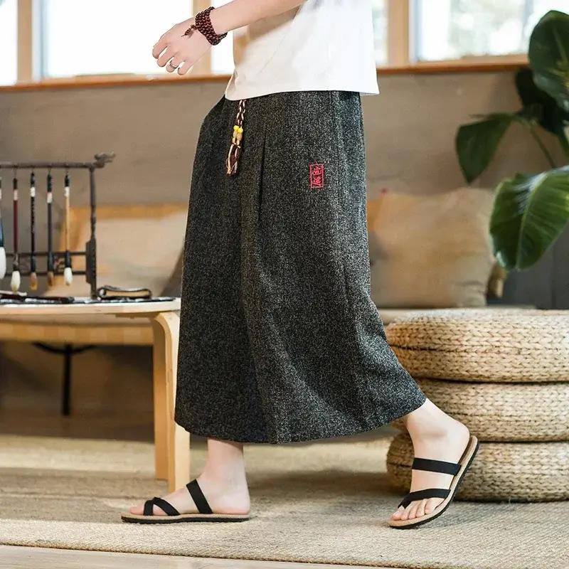 Pantalon large chiné style asiastique pour homme - Noir, XXXL