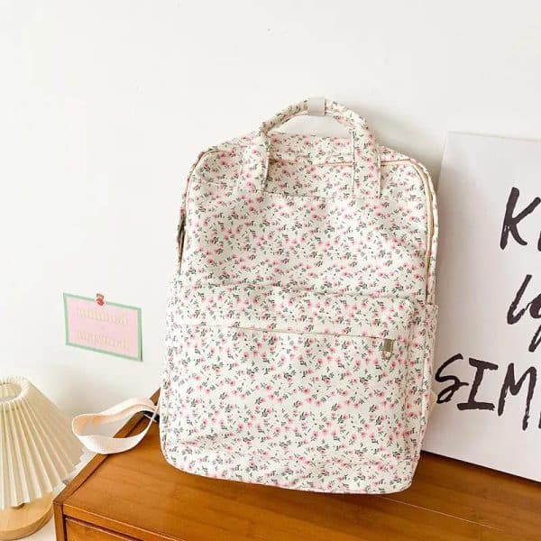 Sac à dos japonais en toile à petites fleurs avec zip et poche avant