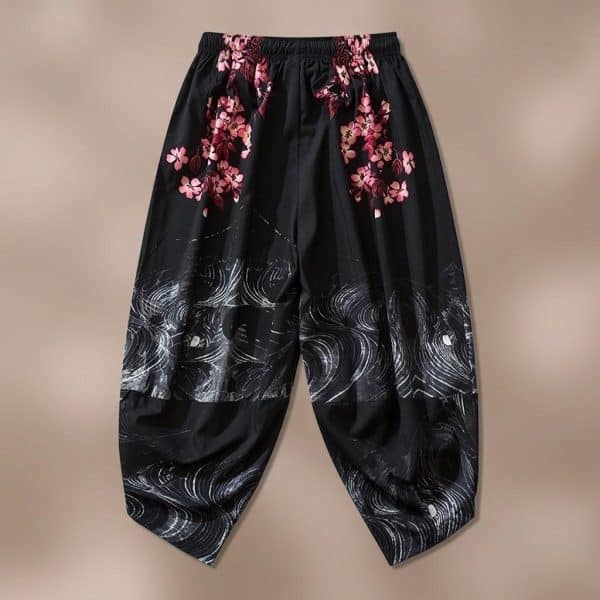 Sarouel bouffant avec imprimé fleurs de cerisier et vagues japonaises