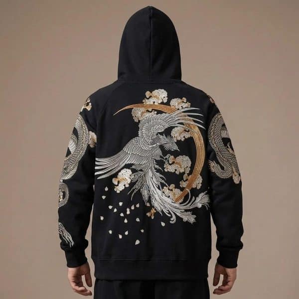 Sweat à capuche streetwear orné de grandes broderies de phénix et dragons