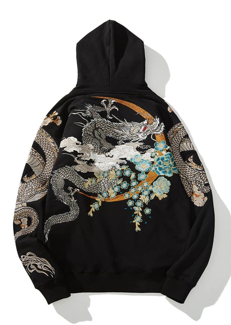 Sweat à capuche streetwear orné de grandes broderies de phénix et dragons - 569