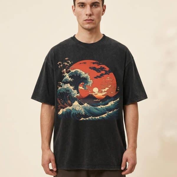 T-Shirt Loose avec illustration de la Vague Hokusai et soleil Japonais
