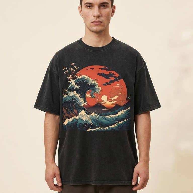 T-shirt-Loose-avec-Illustration-de-la-Vague-Hokusai-et-Soleil-Japonais-picture-9588