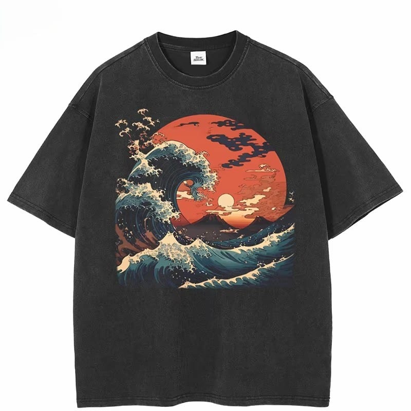 T-shirt loose avec illustration de la Vague hokusai et soleil japonais - Noir Délavé, XXL