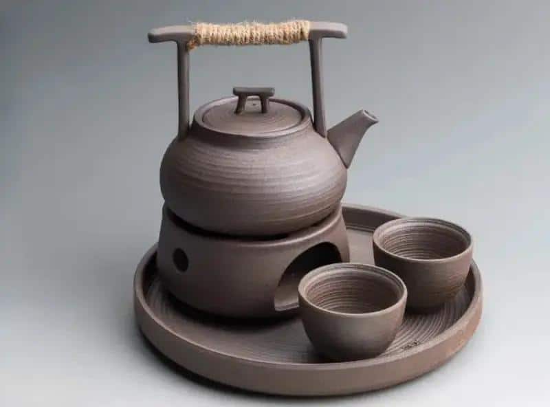 Théière artisanale japonaise en céramique mate avec anse - Set Complet avec 2 Tasses et Plateau