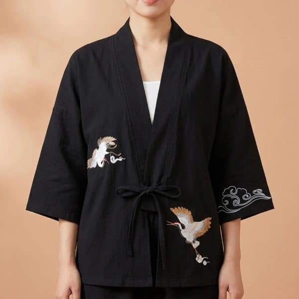 Veste Kimono à Manches Trois-Quarts avec Broderies de Grues Japonaises