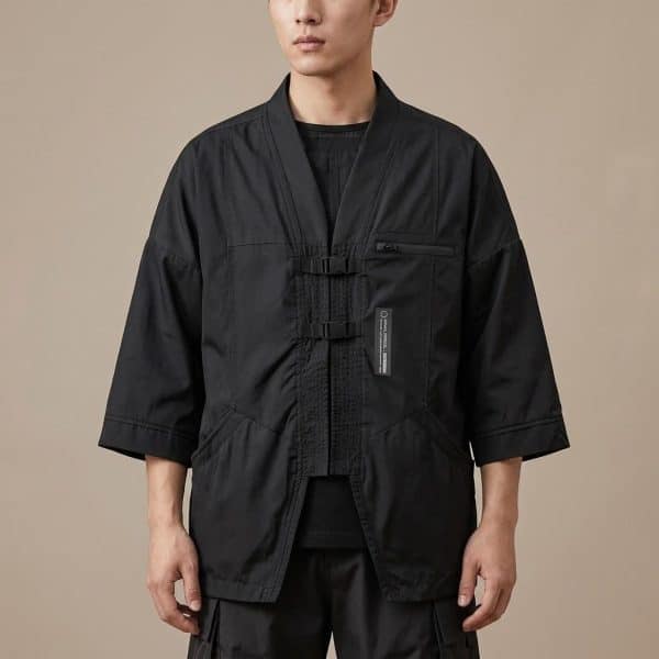 Veste Kimono à Manches Trois-Quarts avec Poche Zippée