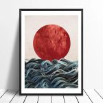 Affiche-Japonaise-Vintage-avec-Soleil-Levant-Rouge-et-Vagues-galerie-3470