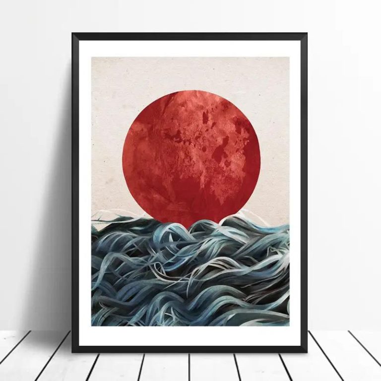 Affiche-Japonaise-Vintage-avec-Soleil-Levant-Rouge-et-Vagues-galerie-3470