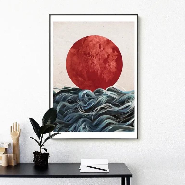 Affiche-Japonaise-Vintage-avec-Soleil-Levant-Rouge-et-Vagues-galerie-7726