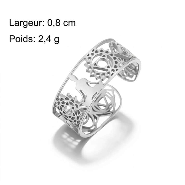 Bague 7 chakras ajustable avec motifs ajourés - Argenté