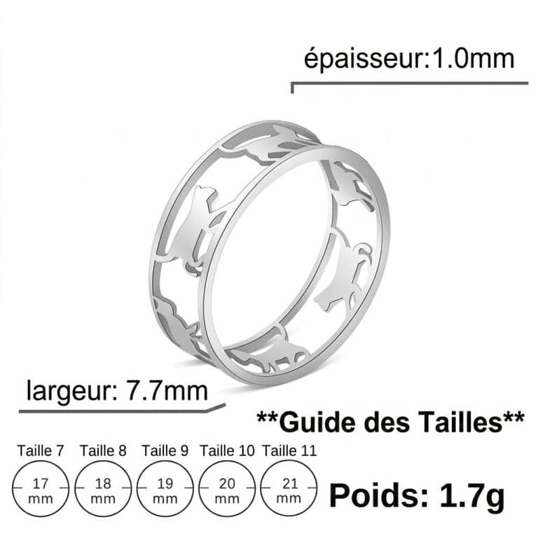 Bague de chat qui marchent ajourée en acier inoxydable - Argent, 11