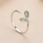 Bague en argent de feuille verte coréenne ajustable