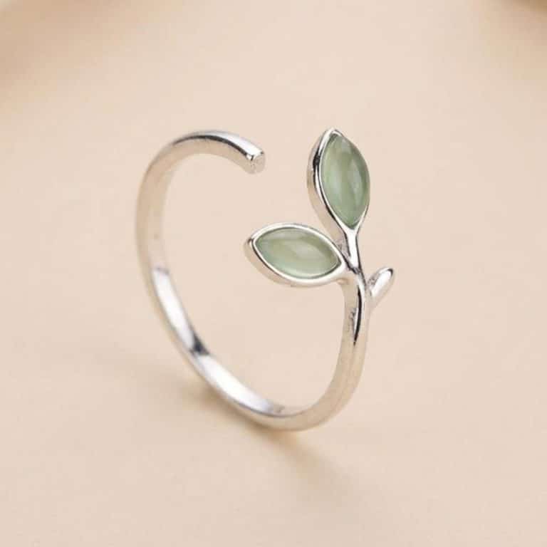 Bague en argent de feuille verte coréenne ajustable