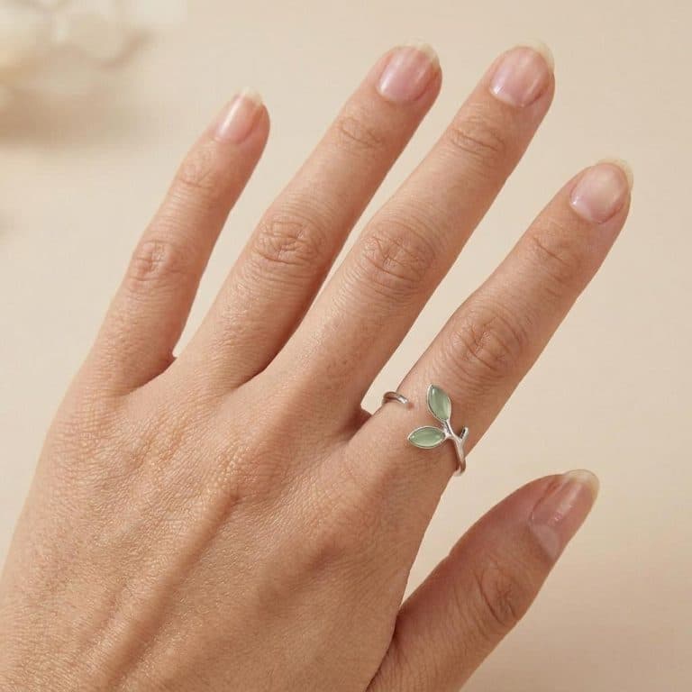 Bague en argent de feuille verte coréenne ajustable