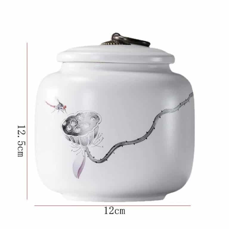 Bocal en Ceramique Blanc a Motifs Japonais avec Couvercle