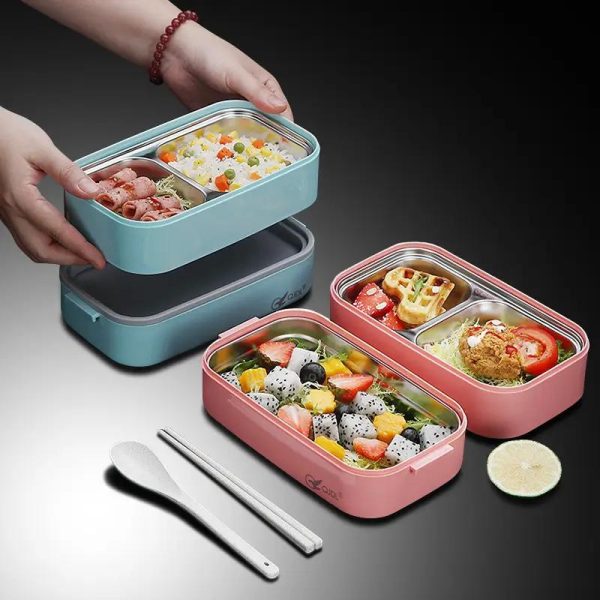 Boîte à lunch bento double couche en inox compartimentée