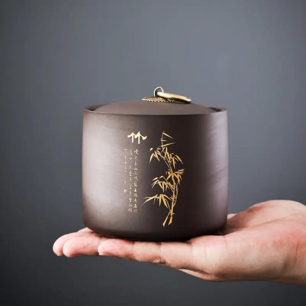 Boîte à thé japonaise en céramique avec décor doré gravé