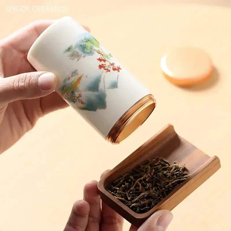 Boîte à thé vide en céramique avec motifs japonais peints à la main
