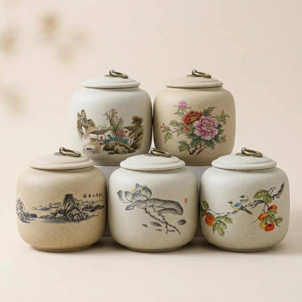 Boite a the Vintage en Ceramique a Motifs Peints a la Main