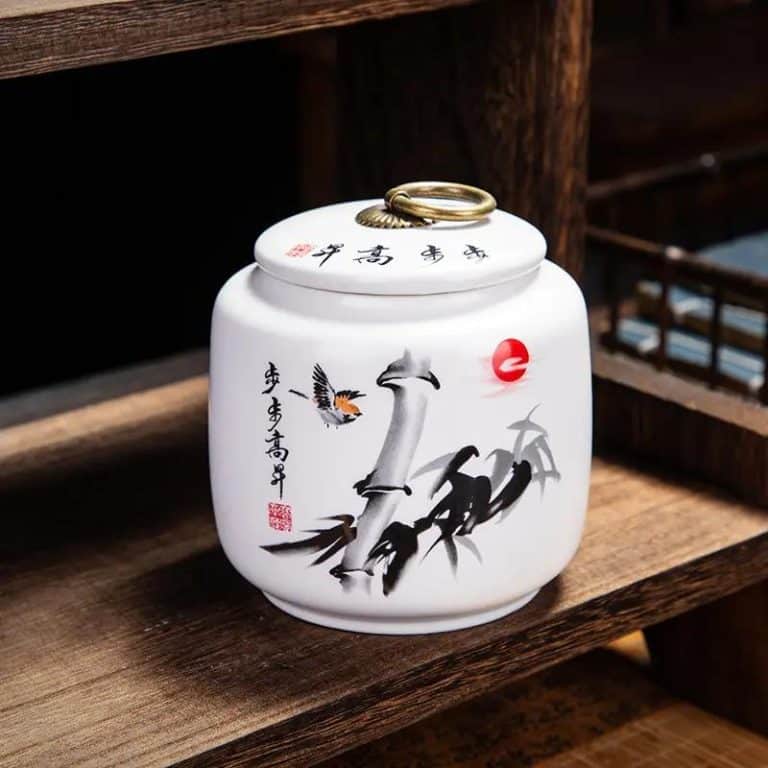 Boîte à thé en céramique à motifs asiatiques et couvercle hermétique - Grues et Calligraphie