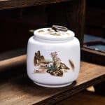 Boîte à thé en céramique à motifs asiatiques et couvercle hermétique - Paysage avec Maisonnette