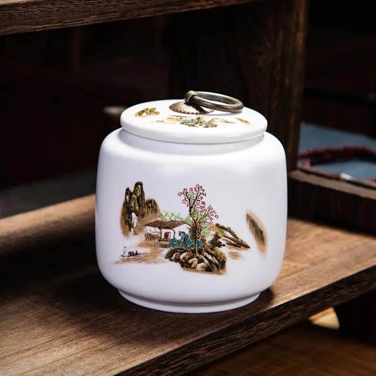 Boîte à thé en céramique à motifs asiatiques et couvercle hermétique - Paysage avec Maisonnette