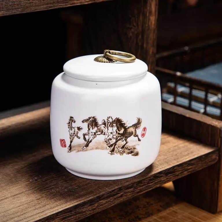 Boîte à thé en céramique à motifs asiatiques et couvercle hermétique - Chevaux au Galop