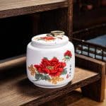 Boîte à thé en céramique à motifs asiatiques et couvercle hermétique - Pivoines Rouges
