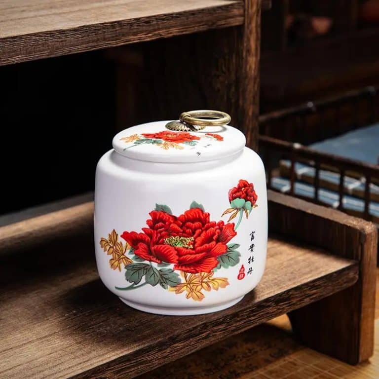 Boîte à thé en céramique à motifs asiatiques et couvercle hermétique - Pivoines Rouges
