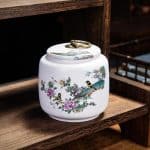 Boîte à thé en céramique à motifs asiatiques et couvercle hermétique - Oiseaux sur Branche Fleurie