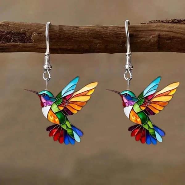 Boucles d'oreilles pendantes en forme de colibri multicolore