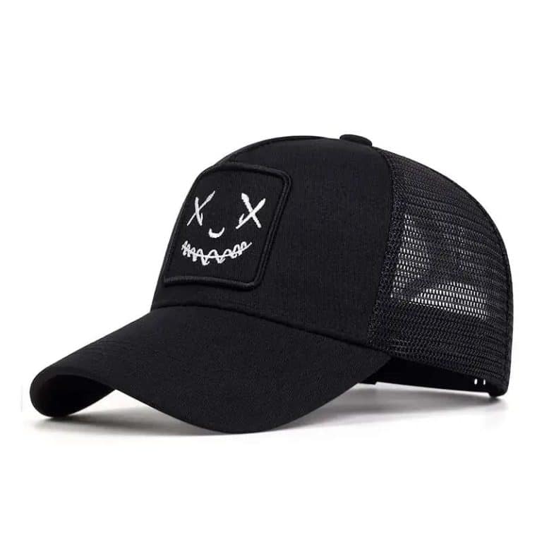 Casquette trucker avec patch brodé à visage souriant - Noir