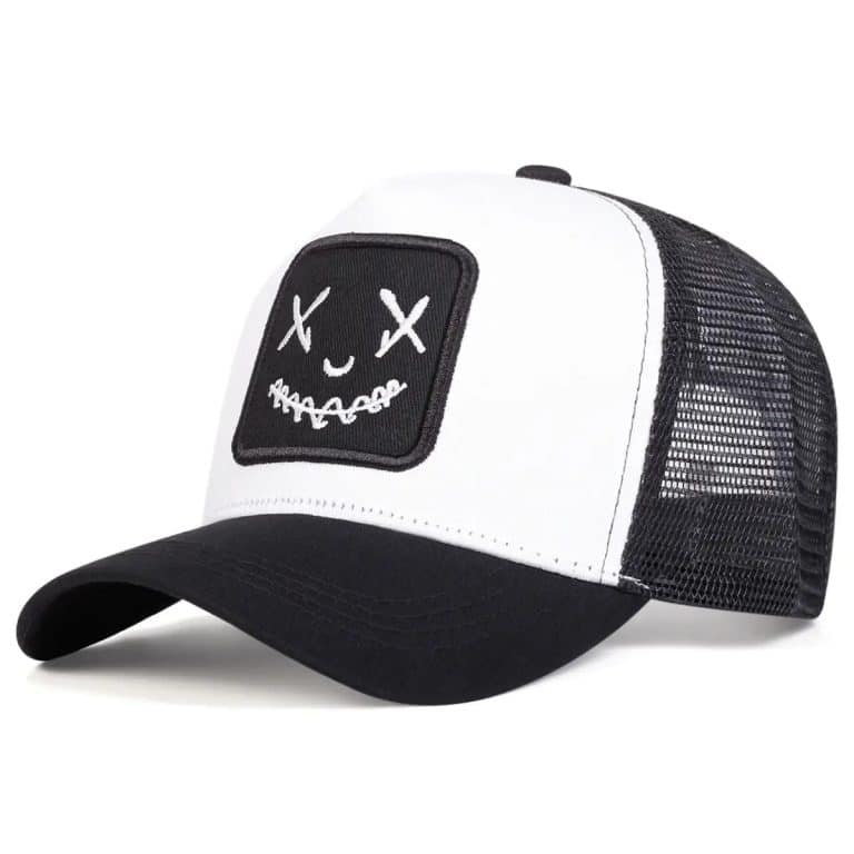 Casquette trucker avec patch brodé à visage souriant - Noir et Blanc Bicolore