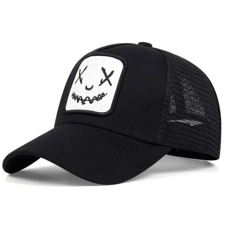 Casquette trucker avec patch brodé à visage souriant - Noir et Blanc