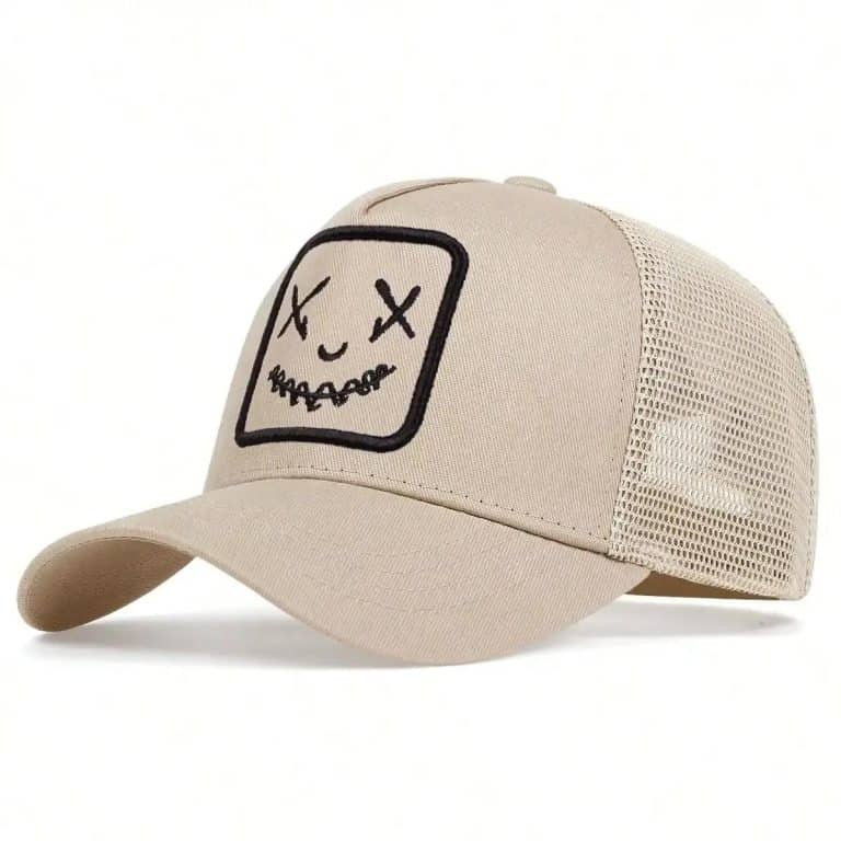 Casquette trucker avec patch brodé à visage souriant - Beige