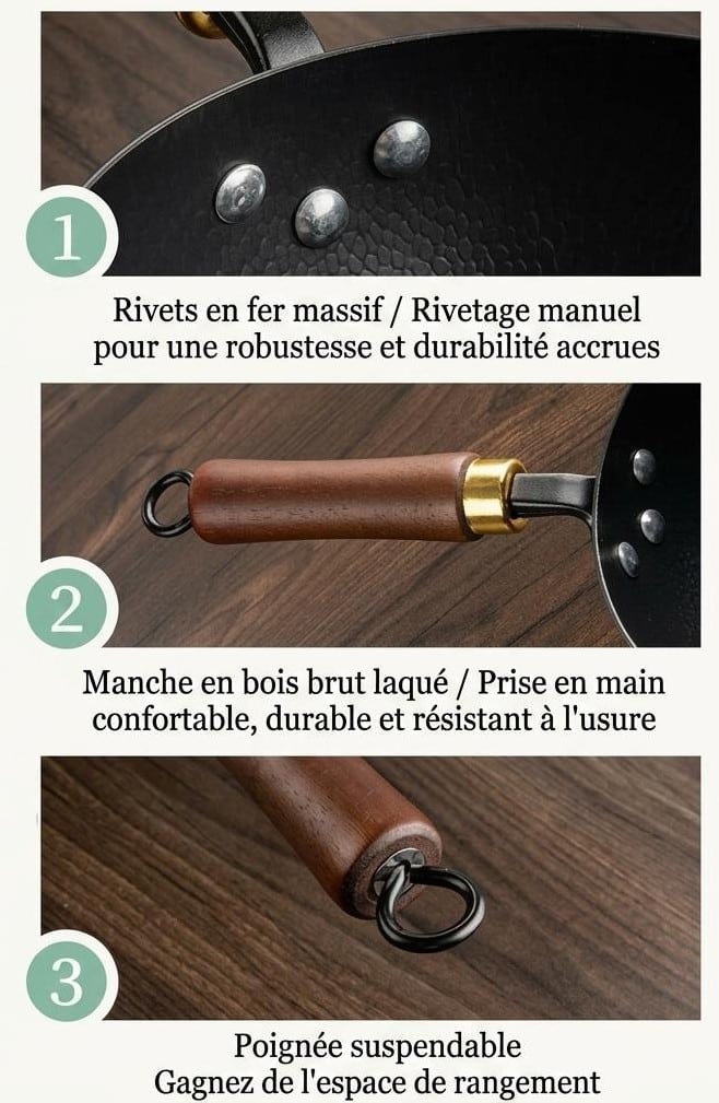 Casserole Artisanale Japonaise Antiadhésive avec Manche en Bois à Bague Dorée - technique 3060
