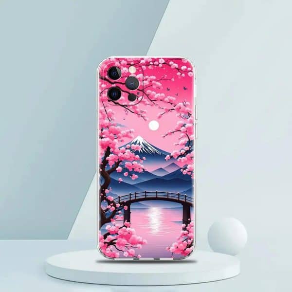 Coque iPhone antichoc à motif japonais de cerisiers en fleurs et de pont sur l'eau